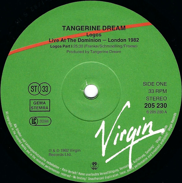 Tangerine Dream - Logos - Live At The Dominion London 1982 | Virgin (205 230) - 3