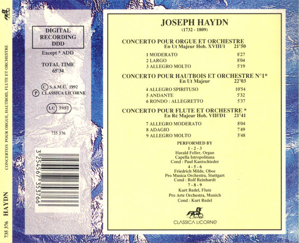 Joseph Haydn - Concertos Pour Orgue, Hautbois, Flute Et Orchestre | Classica Licorne (735 376) - 2