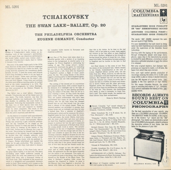 Pyotr Ilyich Tchaikovsky / The Philadelphia Orchestra , Eugene Ormandy - The Swan Lake - Ballet, Op. 20 [Vinyl] | Columbia Masterworks (ML 5201) - 2
