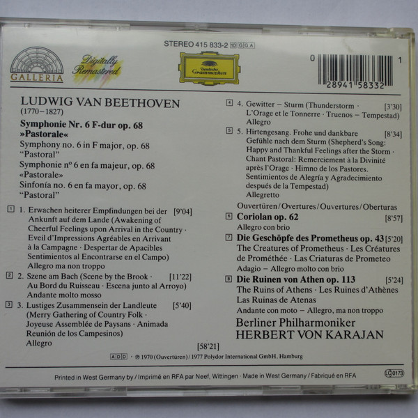 Ludwig van Beethoven : Berliner Philharmoniker , Herbert von Karajan - Symphony No. 6 "Pastoral", Overtures: "The Creatures Of Prometheus", "The Ruins Of Athens", "Coriolan" | Deutsche Grammophon (415 833-2) - 2