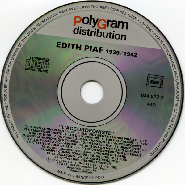 Edith Piaf - Vol. 3 – 1939 - 1940 - 1941 - 1942 | PolyGram Distribution (834 517-2) - 3