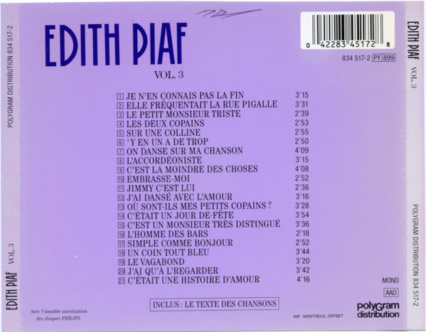Edith Piaf - Vol. 3 – 1939 - 1940 - 1941 - 1942 | PolyGram Distribution (834 517-2) - 2