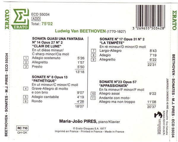 Ludwig van Beethoven / Maria-João Pires - Sonates Clair De Lune - Pathétique - Appassionata - La Tempête | Erato (ECD 55034) - 2