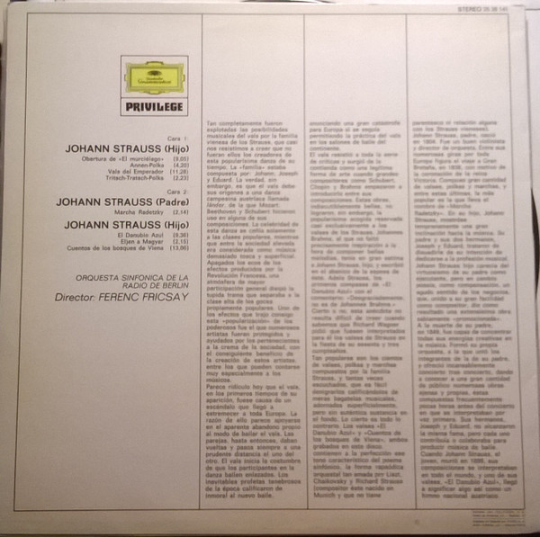 Johann Strauss Jr. , Johann Strauss Sr. , Radio-Symphonie-Orchester Berlin , Ferenc Fricsay - El Danubio Azul / Valses Y Melodias De J. Strauss | Deutsche Grammophon (25 38 141) - 2