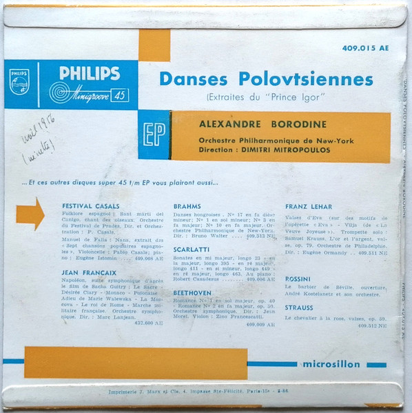 Alexander Borodin , New York Philharmonic Direction Dimitri Mitropoulos - Danses Polovtsiennes | Philips (409.015 AE) - 2