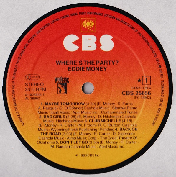 Eddie Money - Where's The Party? | CBS (CBS 25656) - 2