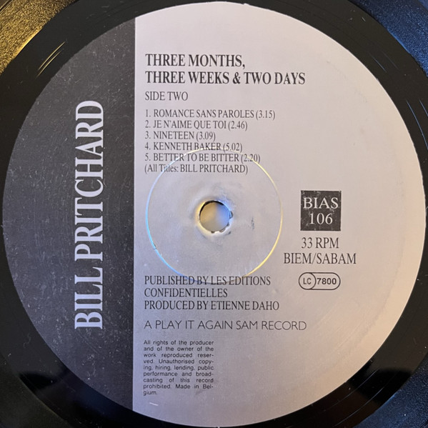 Bill Pritchard - Three Months, Three Weeks & Two Days | Play It Again Sam Records (BIAS 106 LP) - 4 Bill Pritchard - Three Months, Three Weeks & Two Days | Play It Again Sam Records (BIAS 106 LP) - 4