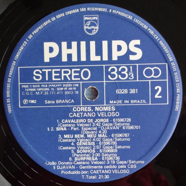 Caetano Veloso - Cores, Nomes | Philips (6328 381) - 3