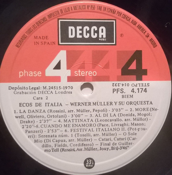 Werner Müller Und Sein Orchester - Ecos De Italia | Decca (PFS 4174) - 4 Werner Müller Und Sein Orchester - Ecos De Italia | Decca (PFS 4174) - 4