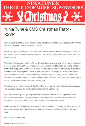 Various - Ninja Tune & The Guild Of Music Supervisors Christmas Party 2024 @ 100 Club, Soho, London | Ninja Tune (ZENSYN001) - 4