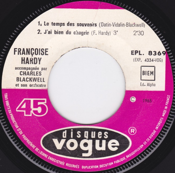Françoise Hardy - Le Temps Des Souvenirs | Disques Vogue (EPL 8 369) - 3