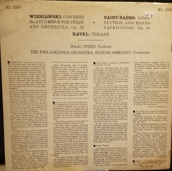 Henryk Wieniawski , Camille Saint-Saëns , Maurice Ravel , Isaac Stern , The Philadelphia Orchestra , Eugene Ormandy - Violin Concerto No. 2 In D Minor For Violin And Orchestra, Op. 22 / Introduction And Rondo Capriccioso, Op. 28 / Tzigane (Rhapsodie De Concert) | Columbia Masterworks (ML 5208) - 2