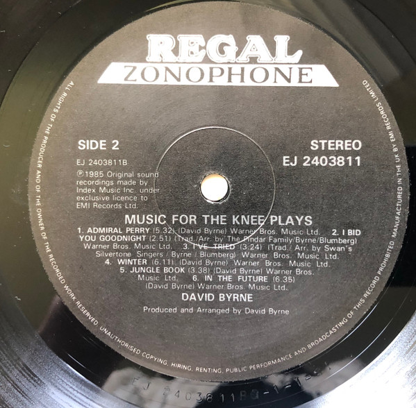David Byrne - Music For The Knee Plays | Regal Zonophone (EJ 240381 1) - 3 David Byrne - Music For The Knee Plays | Regal Zonophone (EJ 240381 1) - 3