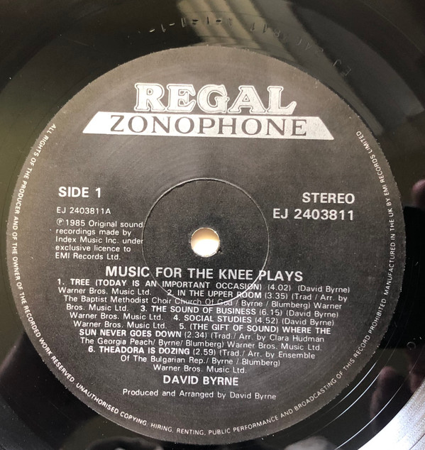 David Byrne - Music For The Knee Plays | Regal Zonophone (EJ 240381 1) - 2 David Byrne - Music For The Knee Plays | Regal Zonophone (EJ 240381 1) - 2