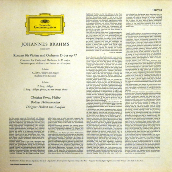 Johannes Brahms – Christian Ferras · Herbert von Karajan - Berliner Philharmoniker - Konzert Für Violine Und Orchester D-Dur | Deutsche Grammophon (138 930) - 2 Johannes Brahms – Christian Ferras · Herbert von Karajan - Berliner Philharmoniker - Konzert Für Violine Und Orchester D-Dur | Deutsche Grammophon (138 930) - 2