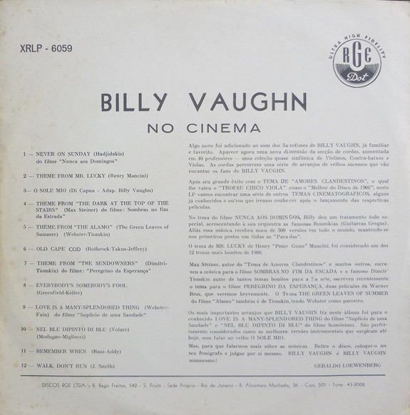 Billy Vaughn And His Orchestra - No Cinema | RGE (XRLP-6059) - 2