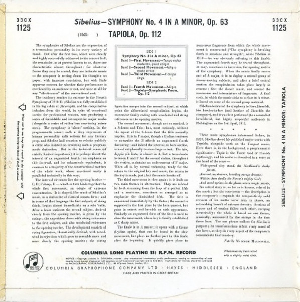 Jean Sibelius , Herbert Von Karajan Conducting The Philharmonia Orchestra - Symphony No. 4 / Tapiola | Columbia (33CX 1125) - 2 Jean Sibelius , Herbert Von Karajan Conducting The Philharmonia Orchestra - Symphony No. 4 / Tapiola | Columbia (33CX 1125) - 2