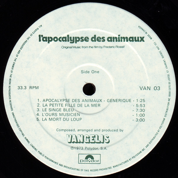 Vangelis - L'Apocalypse Des Animaux | Polydor (VAN 03) - 3
