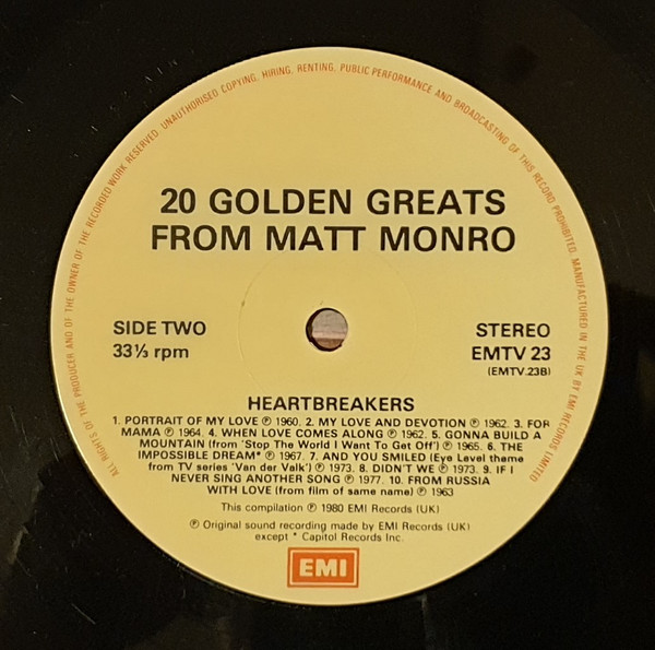 Matt Monro - Heart Breakers - 20 Golden Greats From Matt Monro | EMI (EMTV 23) - 4