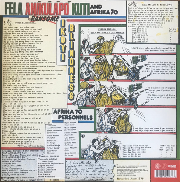 Fela Kuti & Africa 70 - Ikoyi Blindness | Knitting Factory Records (KFR2017-3) - 3