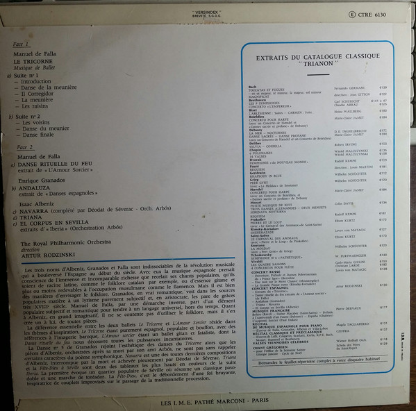 Manuel De Falla , Enrique Granados , Isaac Albéniz , Artur Rodzinski , Royal Philharmonic Orchestra - Musique Espagnole  (Le Tricorne -  Suites 1 Et 2 - Danse Rituelle Du Feu -  Andaluza - Triana - Navarra - La Fête Dieu A Séville) | Trianon (CTRE 6130) - 2