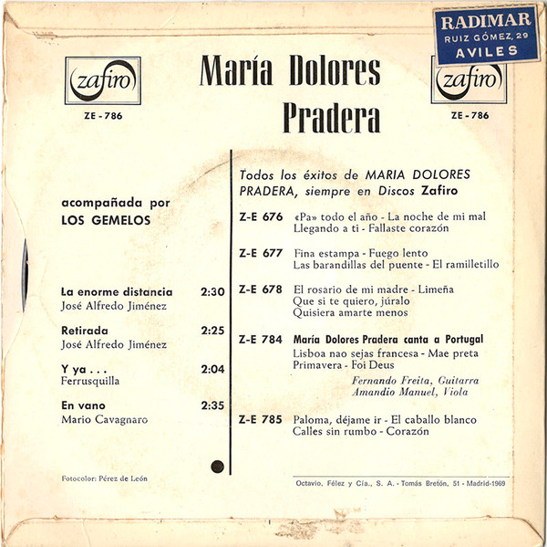 Maria Dolores Pradera Acompañada Por Los Gemelos - La Enorme Distancia / Retirada / En Vano / Y Ya... | Zafiro (ZE-786) - 2