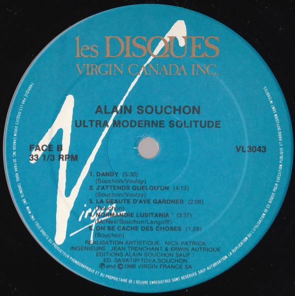 Alain Souchon - Ultra Moderne Solitude | Les Disques Virgin Canada Inc. (VL 3043) - 4 Alain Souchon - Ultra Moderne Solitude | Les Disques Virgin Canada Inc. (VL 3043) - 4