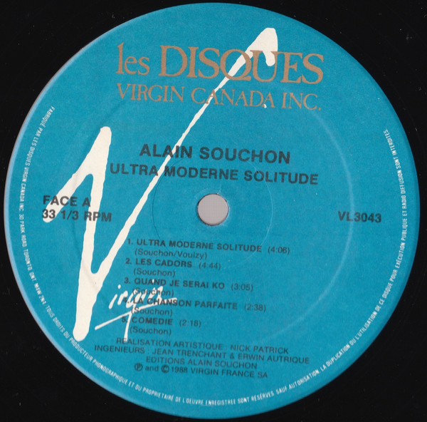Alain Souchon - Ultra Moderne Solitude | Les Disques Virgin Canada Inc. (VL 3043) - 3 Alain Souchon - Ultra Moderne Solitude | Les Disques Virgin Canada Inc. (VL 3043) - 3