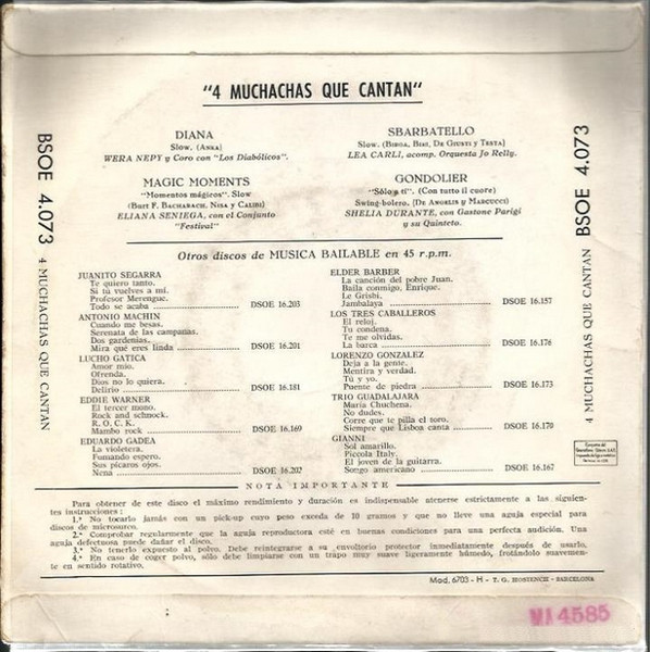 Wera Nepy / Lea Carli / Eliana Seniega / Sheila Durante - El Famoso Diana - 4 Muchachas Que Cantan | Odeon (BSOE 4.073) - 2