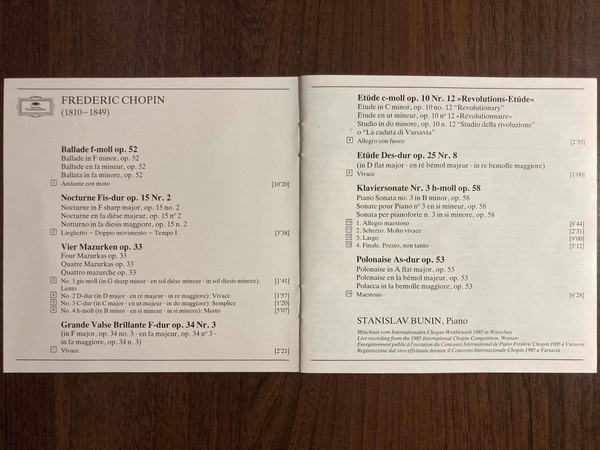 Frédéric Chopin – Stanislav Bunin - Sonate No. 3 • 4 Mazurken • 2 Etüden • Ballade • Polonaise • Nocturne • Walzer | Deutsche Grammophon (423 067-2) - 2