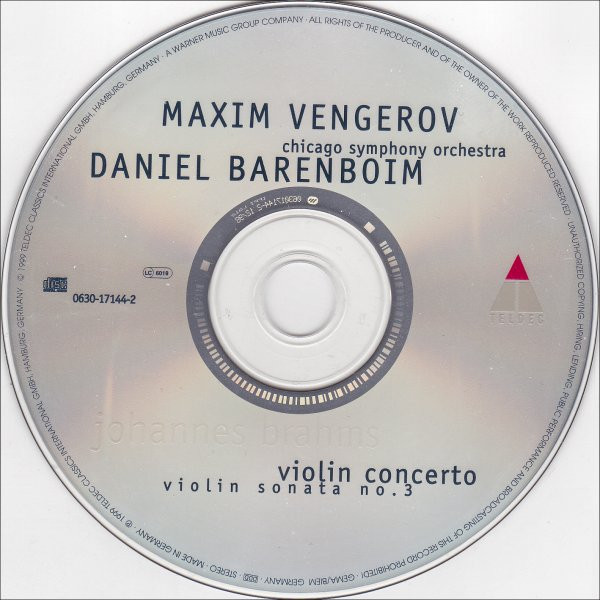 Johannes Brahms , Maxim Vengerov | Daniel Barenboim , Chicago Symphony Orchestra - Violin Concerto / Sonata No. 3 | Teldec (0630-17144-2) - 3