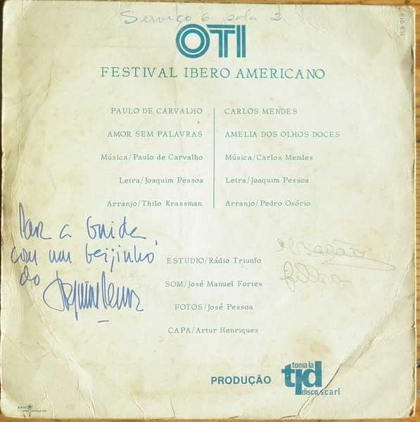 Paulo De Carvalho , Carlos Mendes - OTI Festival Ibero Americano | Toma Lá Disco (TLS 013) - 2