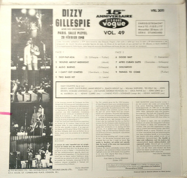 Dizzy Gillespie - Paris, Salle Pleyel, 28 Février 1948 | Disques Vogue (VRL 3011) - 2 Dizzy Gillespie - Paris, Salle Pleyel, 28 Février 1948 | Disques Vogue (VRL 3011) - 2