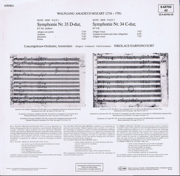 Wolfgang Amadeus Mozart - Concertgebouworkest , Nikolaus Harnoncourt - Symphonies Nr.35 »Haffner« & Nr.34 | Telefunken (6.42703 AZ) - 3