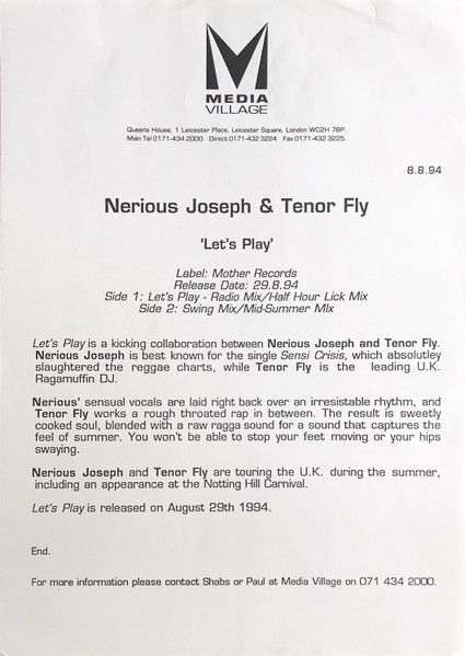 Nerious Joseph and Tenor Fly - Let's Play | Mother Records (12 MUM 56 DJ) - 3 Nerious Joseph and Tenor Fly - Let's Play | Mother Records (12 MUM 56 DJ) - 3