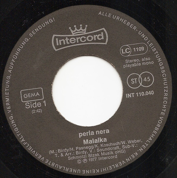 Perla Nera - Malaika / Roses On A Meadow | Intercord (INT 110.040) - 2