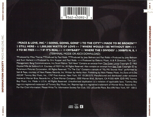 Information Society - Peace And Love, Inc. | Tommy Boy (9 45092-2) - 3
