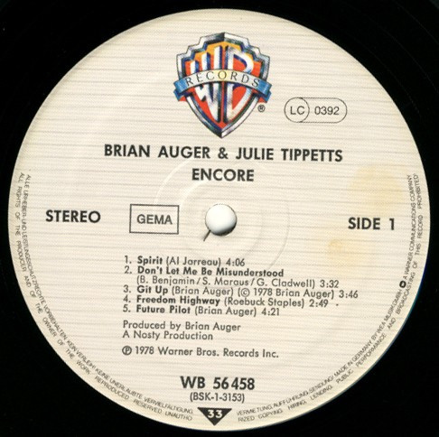 Brian Auger & Julie Tippetts - Encore | Warner Bros. Records (WB 56 458) - 2