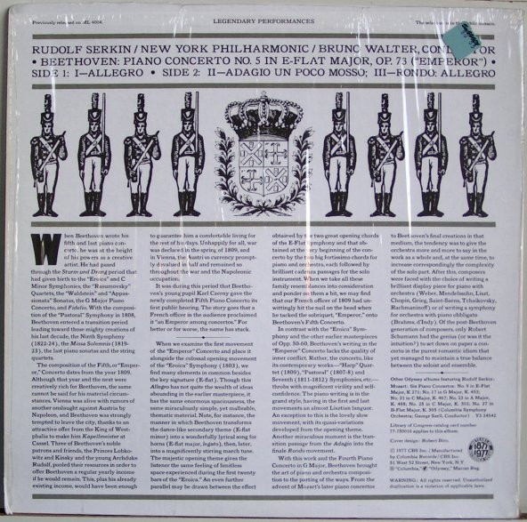 Ludwig van Beethoven , Rudolf Serkin / Bruno Walter , New York Philharmonic - Piano Concerto No. 5, Op. 73 "Emperor" | Columbia Odyssey (Y 34607) - 2