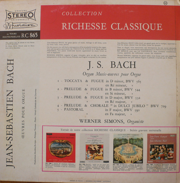 Johann Sebastian Bach - Werner Simons - Toccata Et Fugue En Ré Mineur Et Autres Œuvres Célèbres Pour Orgue | Musidisc (30 RC 865) - 2