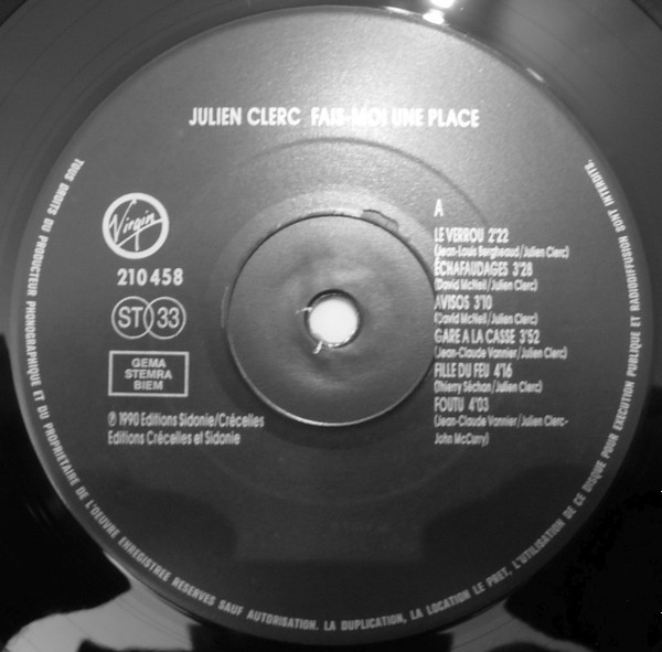 Julien Clerc - Fais-Moi Une Place | Virgin (210 458) - 3 Julien Clerc - Fais-Moi Une Place | Virgin (210 458) - 3