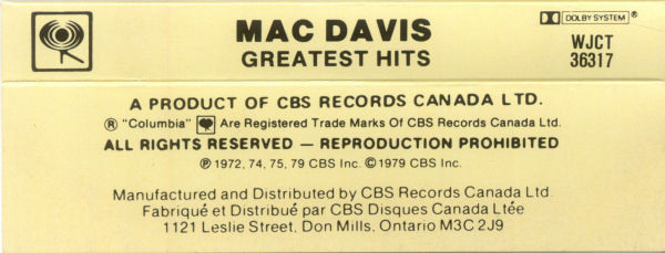 Mac Davis - Greatest Hits | Columbia (WJCT 36317) - 2