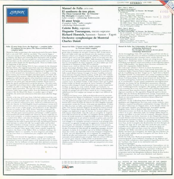 Manuel De Falla - Colette Boky , Huguette Tourangeau , Orchestre Symphonique De Montréal , Charles Dutoit - Le Tricorne = Der Dreispitz = The Three Cornered Hat - El Amor Brujo | London Records (LDR 71060) - 2