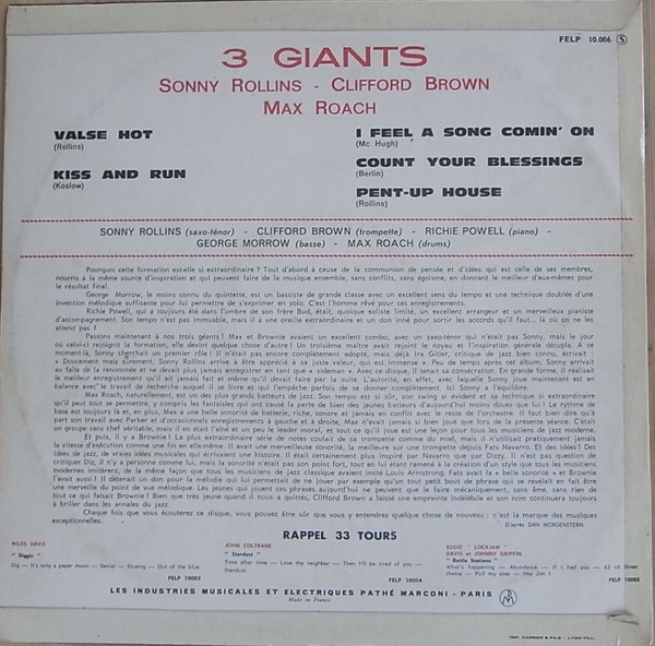 Sonny Rollins , Clifford Brown And Max Roach - 3 Giants! | La Voix De Son Maître (FELP10.006) - 2 Sonny Rollins , Clifford Brown And Max Roach - 3 Giants! | La Voix De Son Maître (FELP10.006) - 2