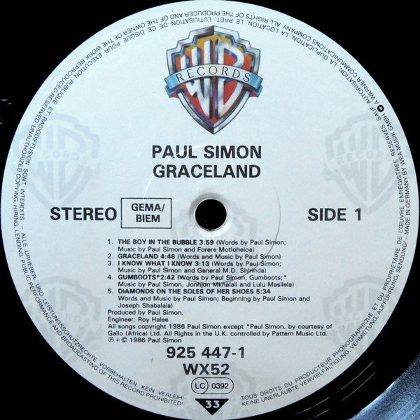 Paul Simon - Graceland | Warner Bros. Records (925 447-1) - 3 Paul Simon - Graceland | Warner Bros. Records (925 447-1) - 3