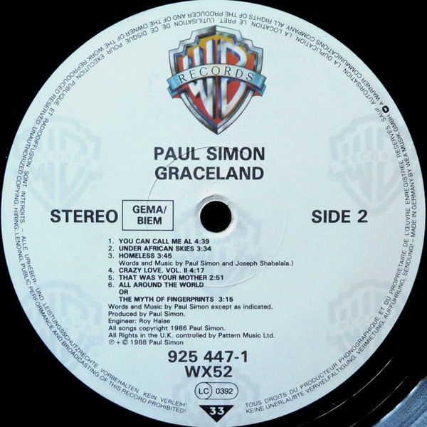 Paul Simon - Graceland | Warner Bros. Records (925 447-1) - 4 Paul Simon - Graceland | Warner Bros. Records (925 447-1) - 4