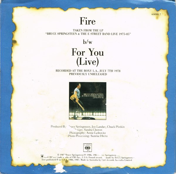 Bruce Springsteen & The E-Street Band - Fire 7" | CBS (650381 7) - 2 Bruce Springsteen & The E-Street Band - Fire 7" | CBS (650381 7) - 2