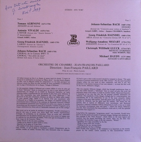 Tomaso Albinoni , Georg Friedrich Händel , Antonio Vivaldi , Johann Sebastian Bach , Christoph Willibald Gluck , Michael Haydn , Wolfgang Amadeus Mozart - Orchestre De Chambre Jean-François Paillard - L'Adagio D'Albinioni / Le Largo De Haendel Et Huit Aria Célébres | Erato (STU 70987) - 2 Tomaso Albinoni , Georg Friedrich Händel , Antonio Vivaldi , Johann Sebastian Bach , Christoph Willibald Gluck , Michael Haydn , Wolfgang Amadeus Mozart - Orchestre De Chambre Jean-François Paillard - L'Adagio D'Albinioni / Le Largo De Haendel Et Huit Aria Célébres | Erato (STU 70987) - 2
