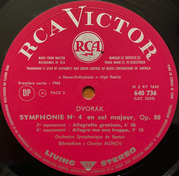 Antonín Dvořák - Boston Symphony Orchestra • Direction : Charles Munch - Symphonie N° 4 | RCA Victor (640.736) - 4