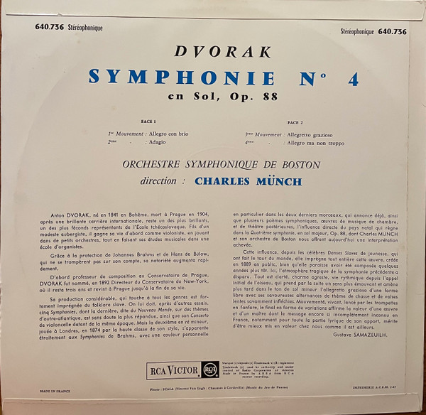 Antonín Dvořák - Boston Symphony Orchestra • Direction : Charles Munch - Symphonie N° 4 | RCA Victor (640.736) - 2